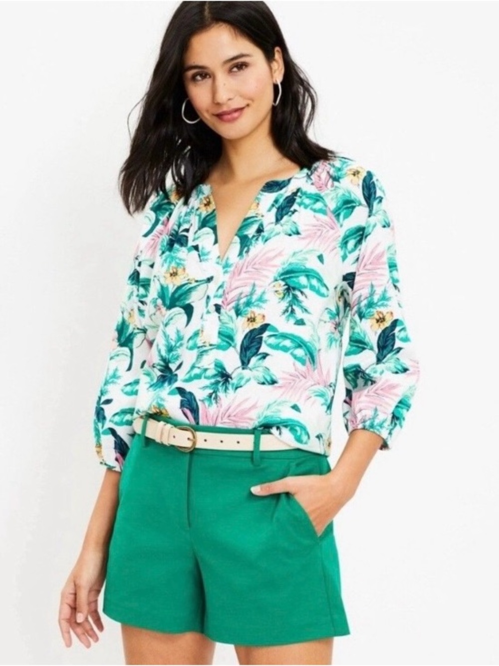 LOFT Tropical Botanical Henley 3/4 Sleeve Blouse Size S